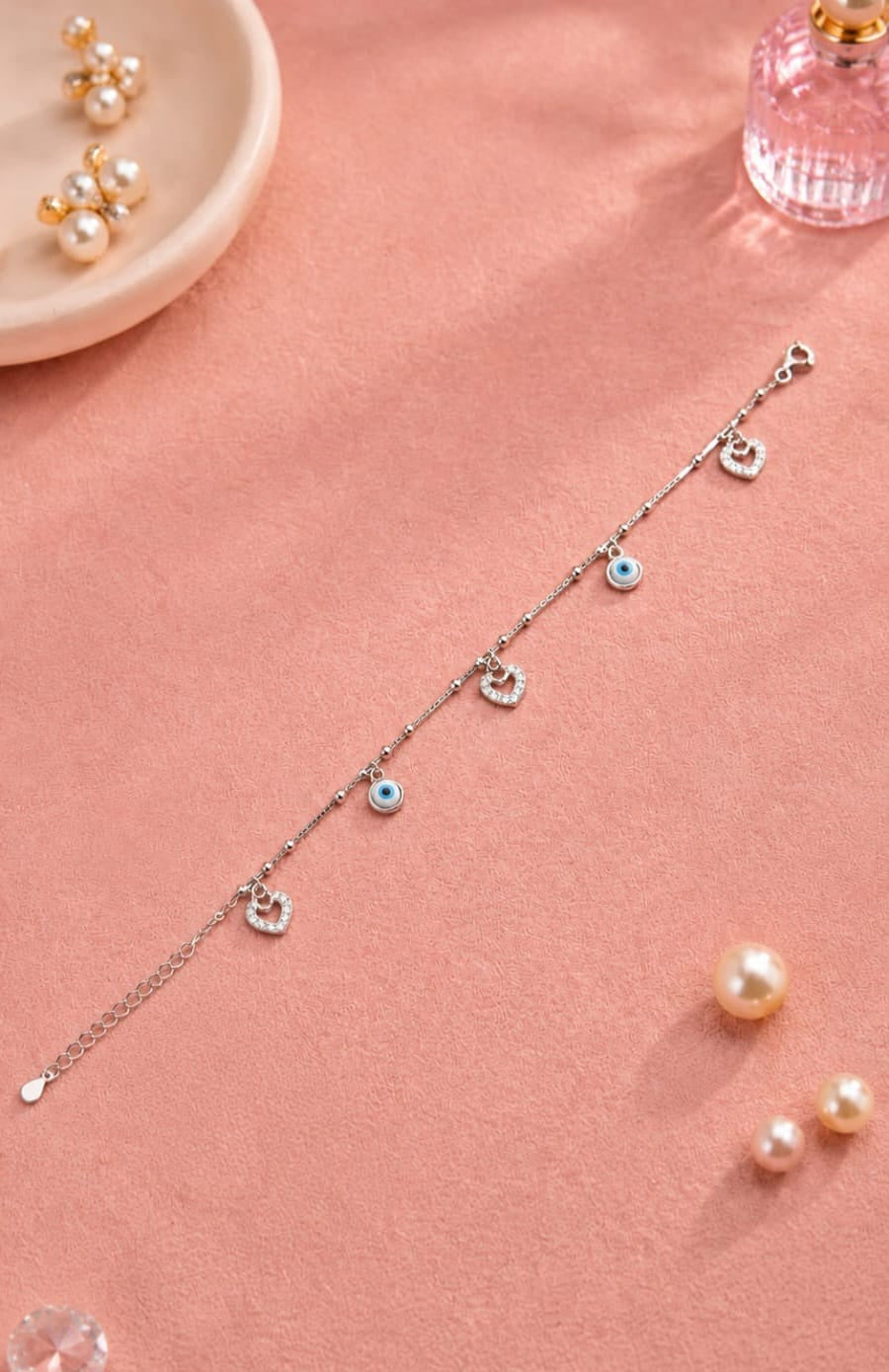Triple Heart Evil Eye Silver Bracelet
