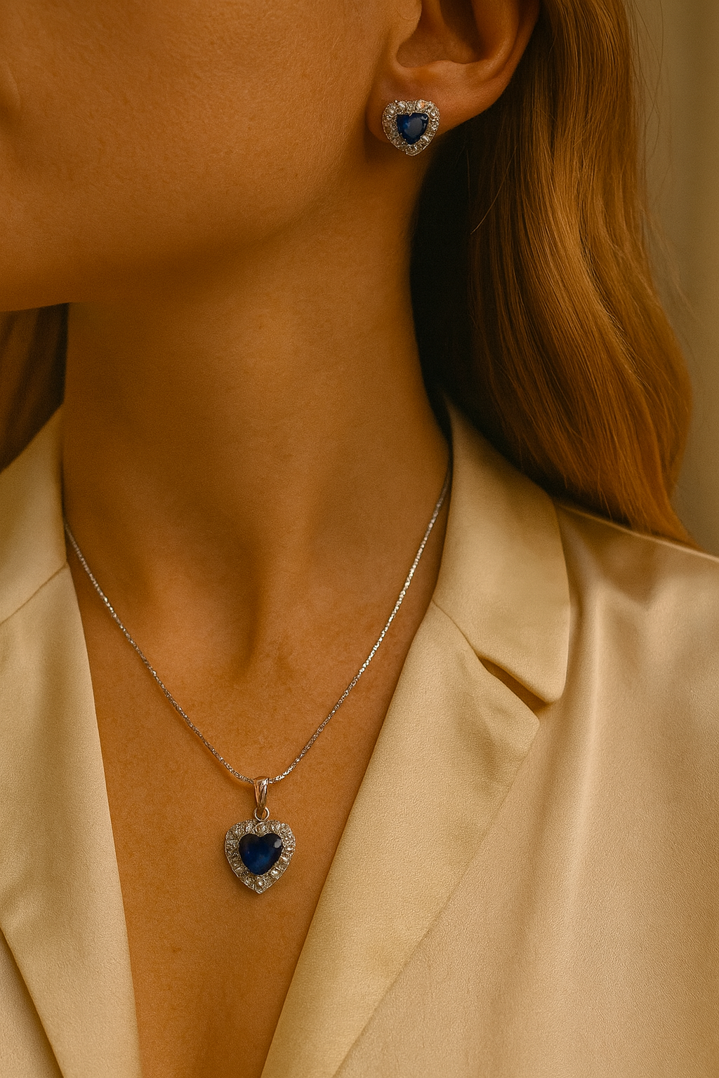 Blue Sapphire Heart Pendant Set with Earrings