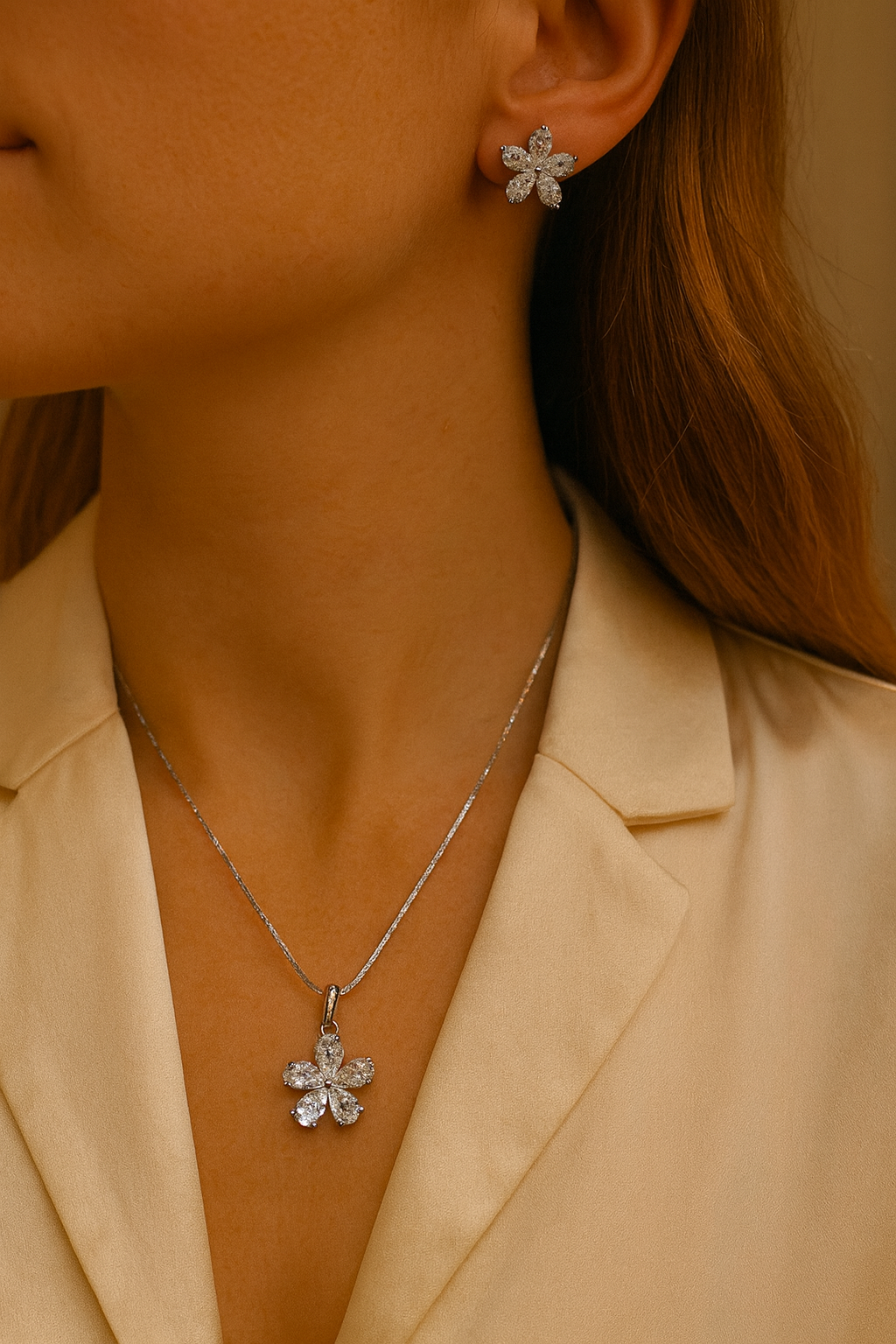 Floral Diamond Cluster Pendant Set with Earrings