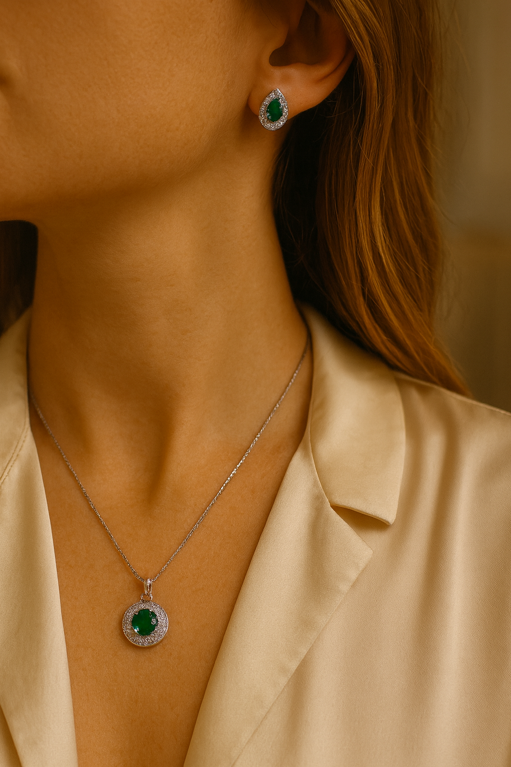 Emerald Halo Pendant Set