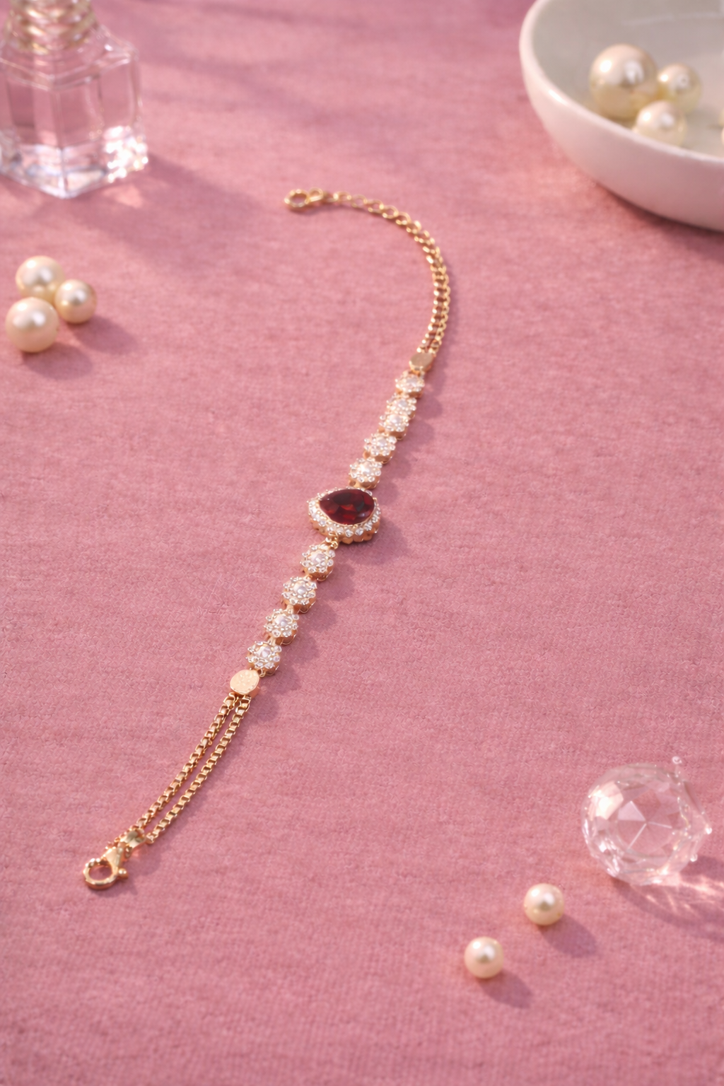 Ruby Stone Rose Silver Bracelet